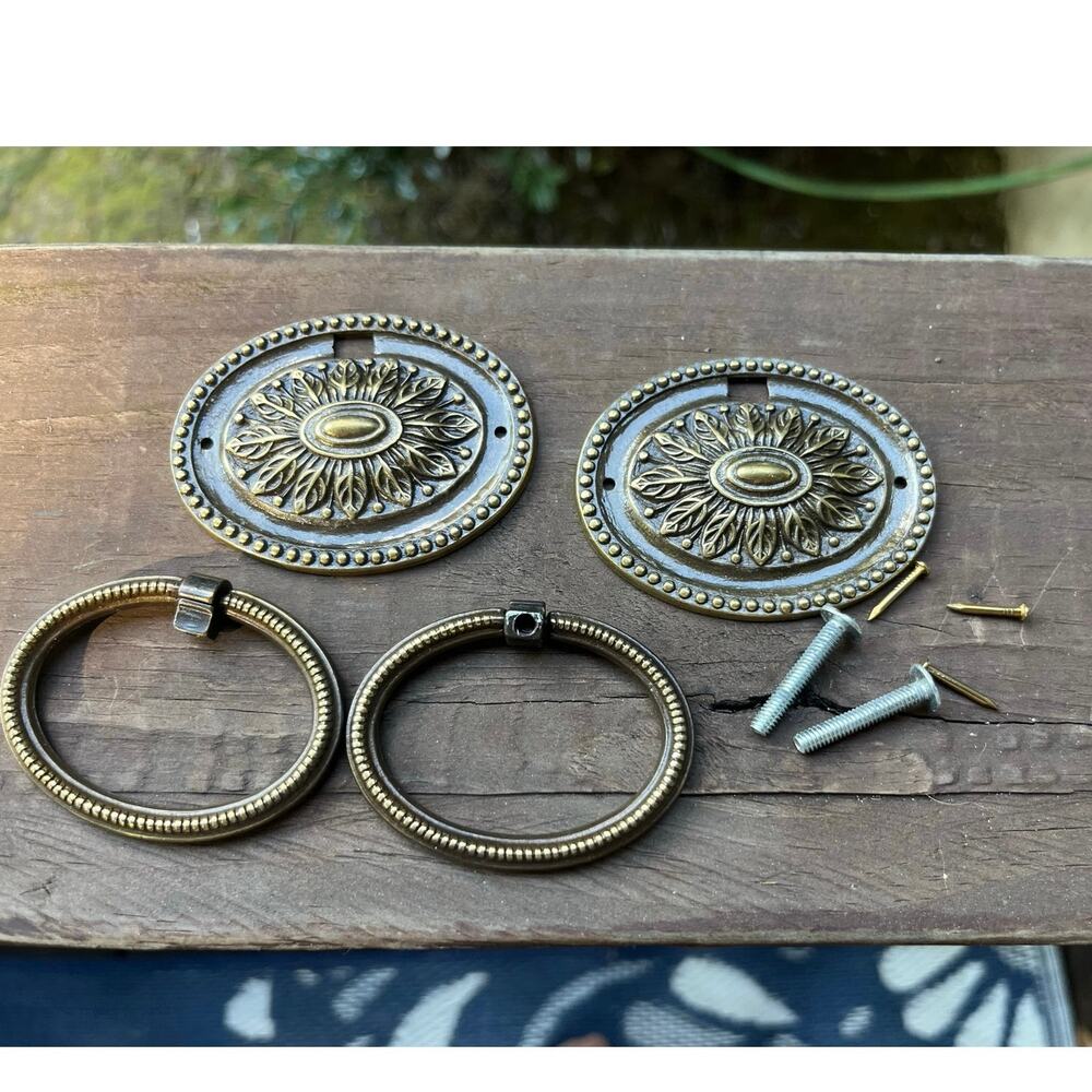 Set of 2 Vintage Ornate Round Ring Drawer Pulls Brass Tone Italy 3in Hardware